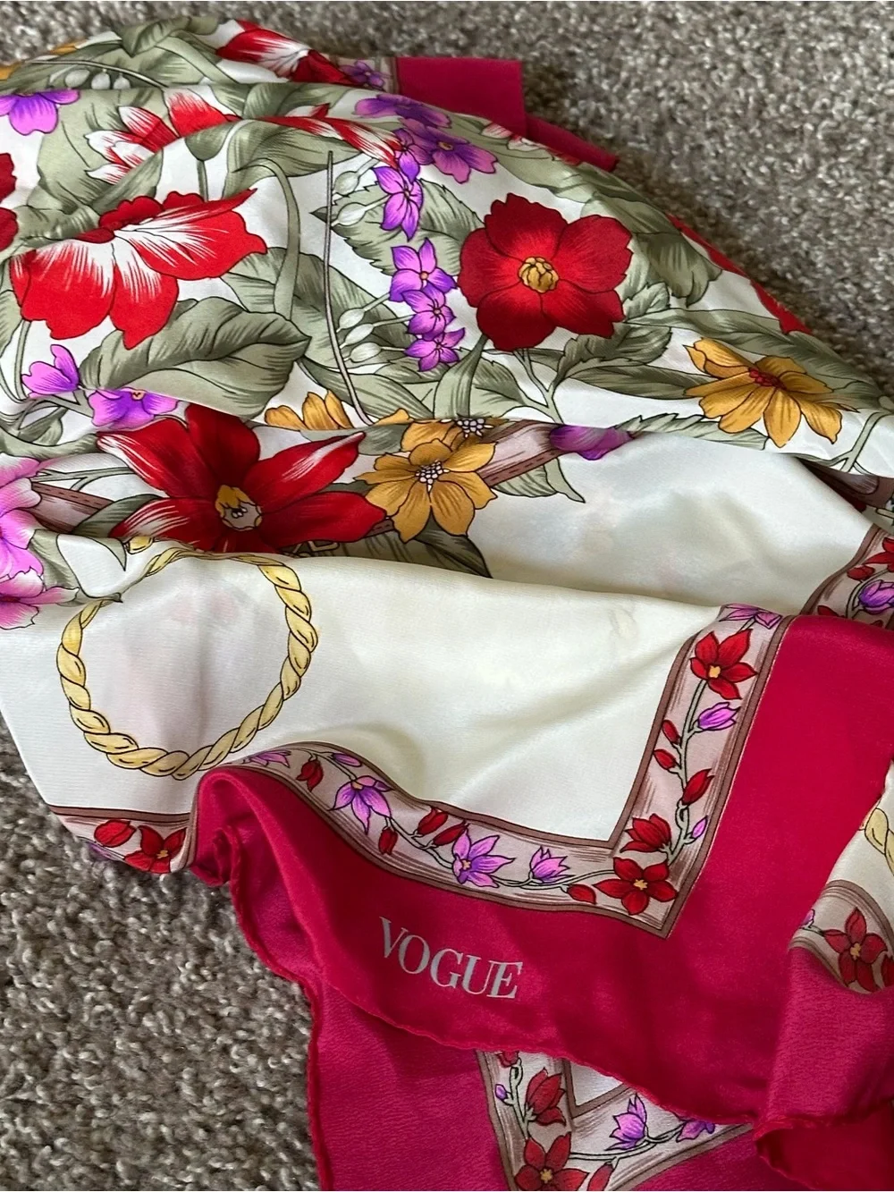 Vogue Floral 100% Silk Scarf in Red, Pink, Purple Made In Italy Italian Floral